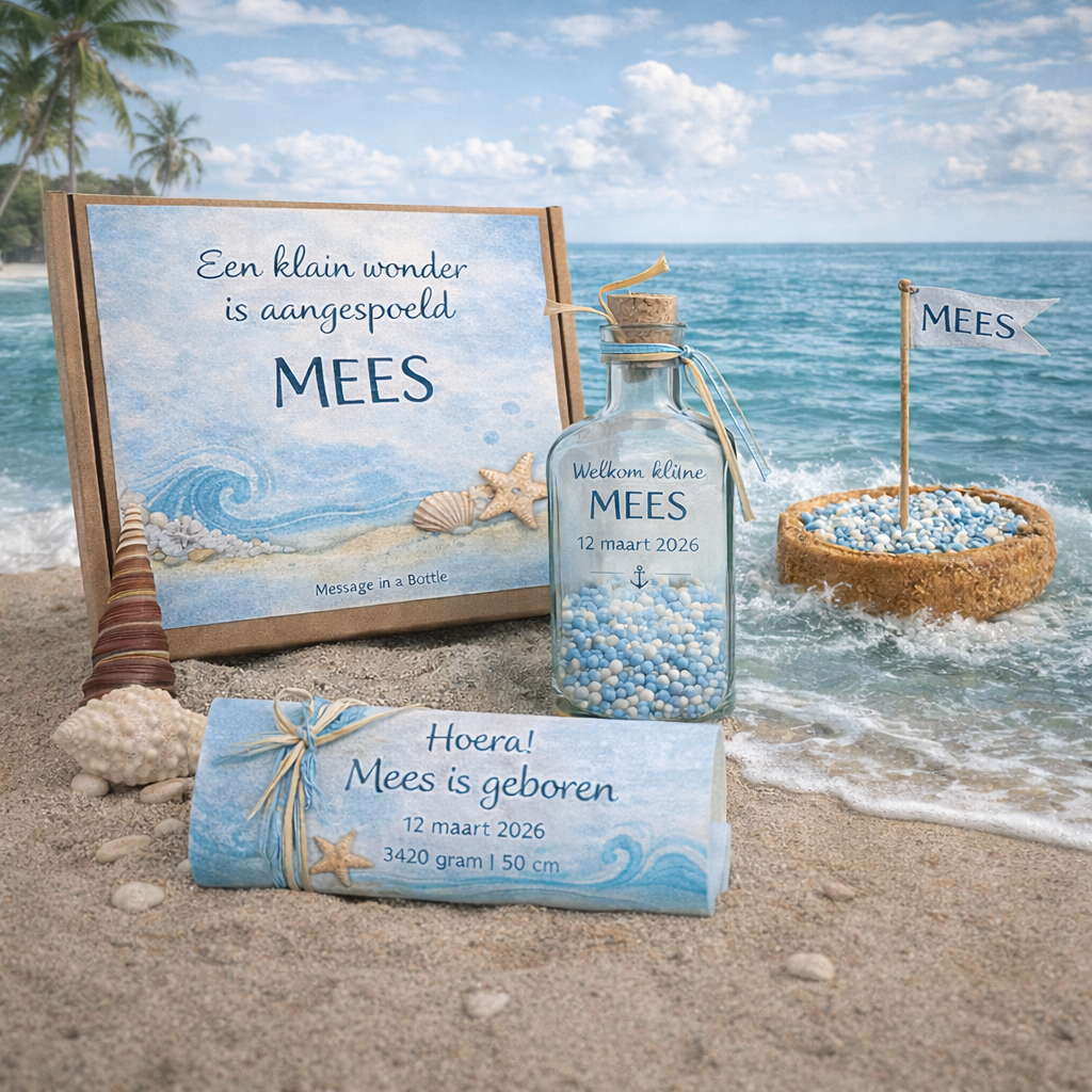 Geboortekaartje in een fles – geboorte aankondiging voor Mees - Fictieve case