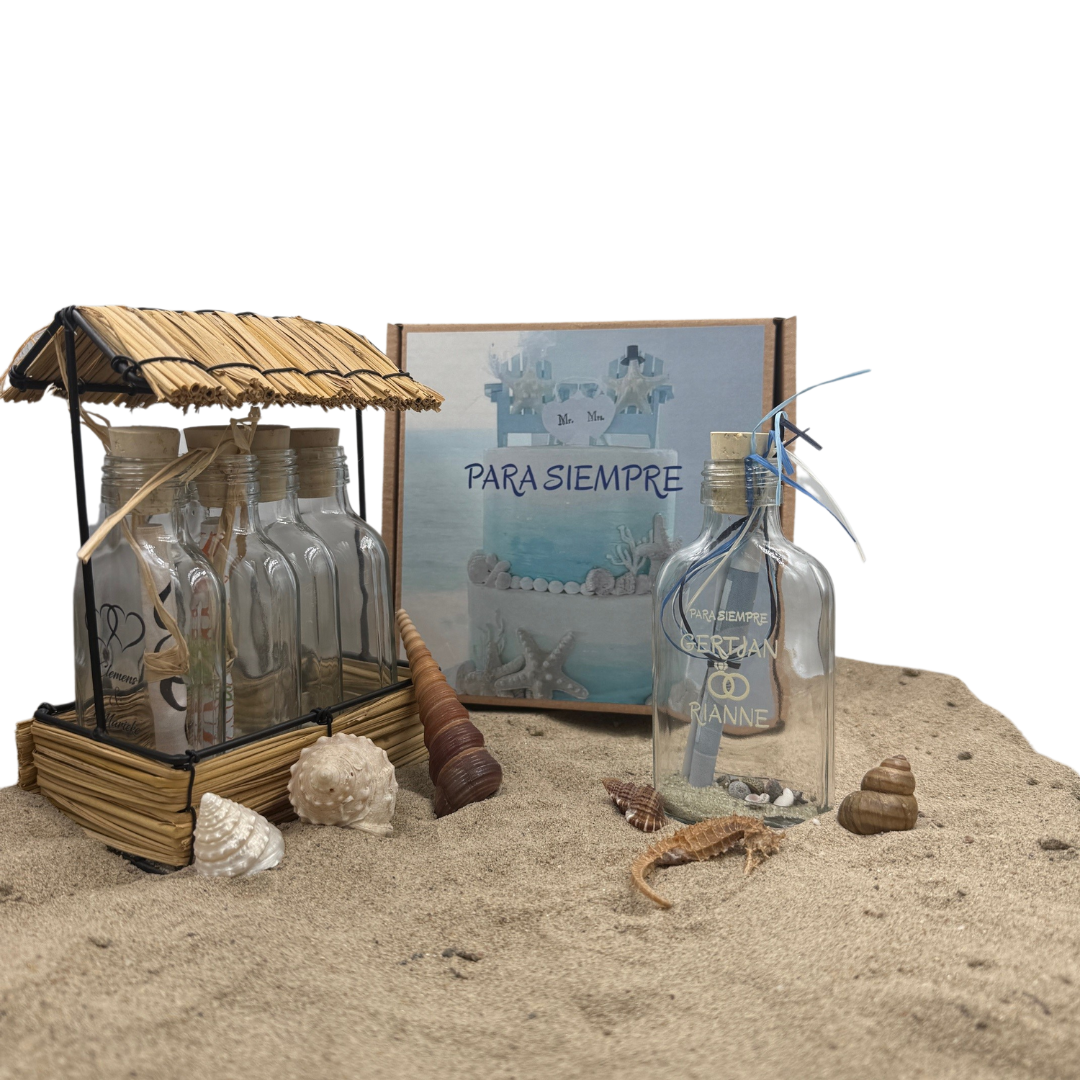 Maatwerk flessenpost trouwuitnodiging voor een bruiloft op Ibiza